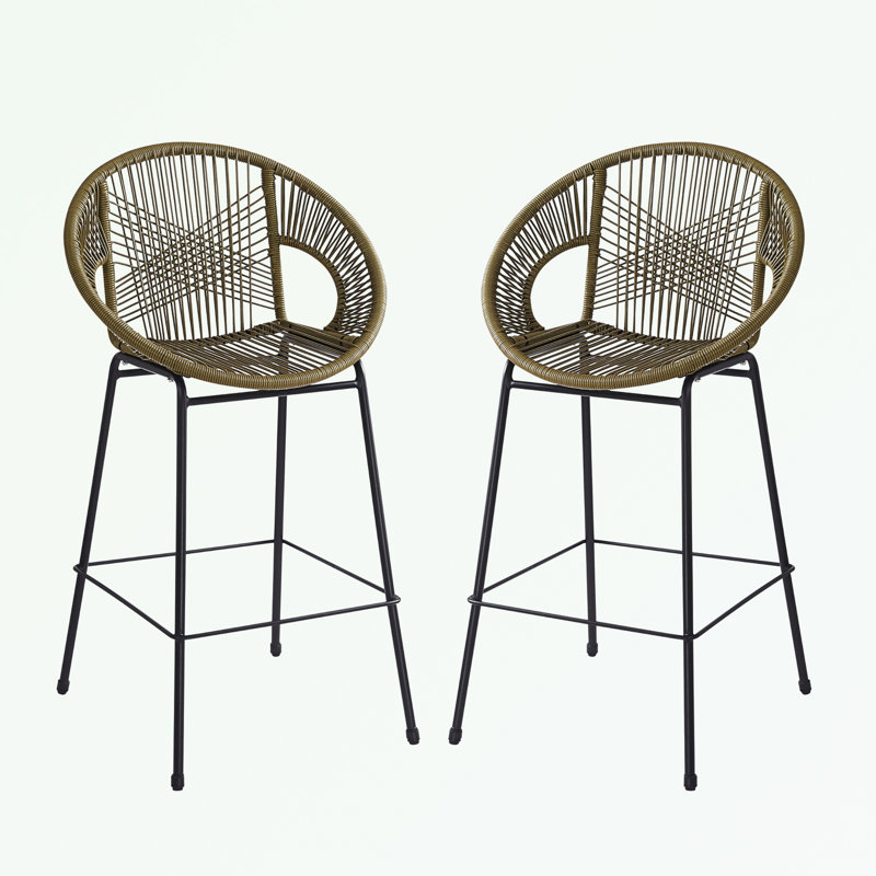 Outdoor Patio Faux Wicker Barstool Set of 2  with metal legs, Green