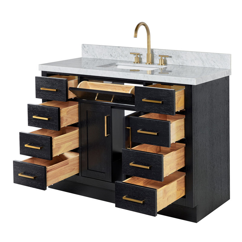 Meuble-lavabo simple en bois massif 48 po avec lavabo en marbre de Carrare 1,5 po Tidworth, Forme rectangulaire