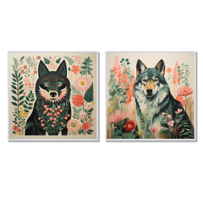 «Pink and Green Boho Wolf Portrait I», ensemble d'art mural sur toile loup, Cadre flottant blanc, H 16 po x l 33 po x P 1 po