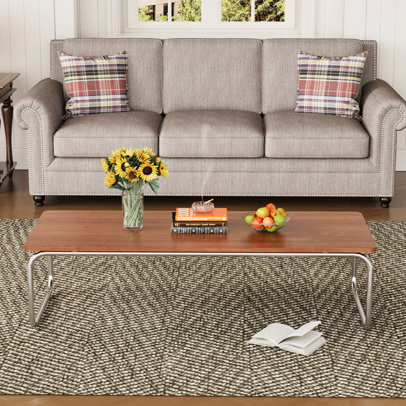 Table basse de style Mid-Century moderne, table basse rectangulaire en bois avec pieds en U en acier inoxydable, table d'appoint minimaliste pour salon, chambre à coucher, bureau, assemblage facile, noyer