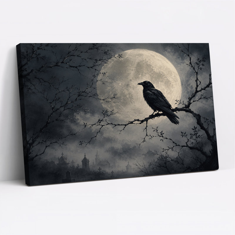 Art mural sur toile d'Halloween, corbeau noir perché sur une branche sous la pleine lune, H 12 po x l 18 po