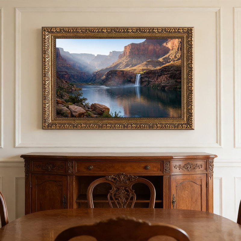 Art mural en toile noyer doré encadré pour salon, chambre à coucher, bureau ou vestibule - décoration murale décorative avec cascade de montagne