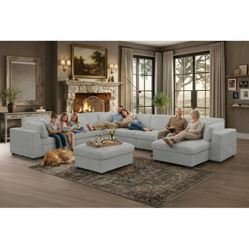 Upholstered Oversized 8 Seater Modular Sectional With Two Large Movable Ottomans, Light Gray Chenille