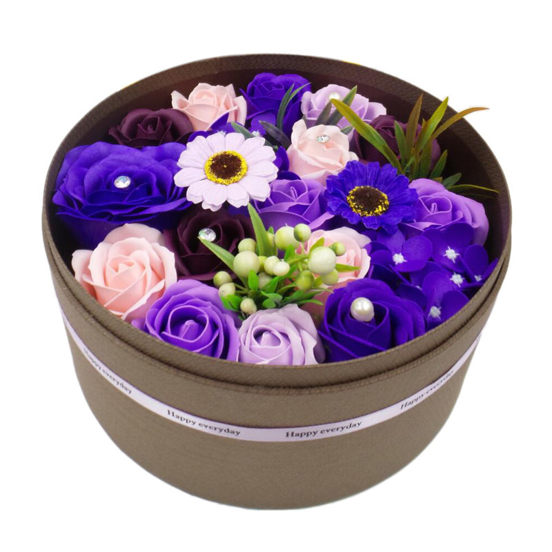 Fleurs artificielles artificielles parfumées pour toujours dans une boîte-cadeau ronde, Mauve