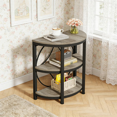 Half-Round 3-Tier End Table, Narrow Side Table With Metal Frame