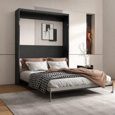 Grand lit escamotable mural, cadre de lit noir et peu encombrant pour chambre à coucher, chambre d'amis, bureau à domicile