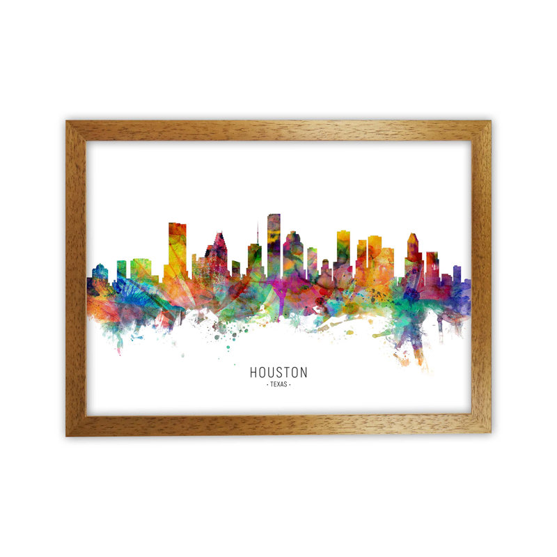 Houston Texas Skyline by Michael Tompsett - Print, 25cm H x 34cm W x 3cm D, Brown Framed