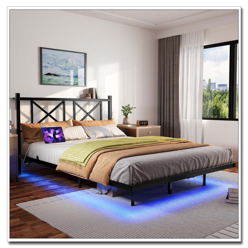 Cadre de lit flottant avec tête de lit et rangement, cadre de lit avec station de charge USB et lumières DEL, Grand