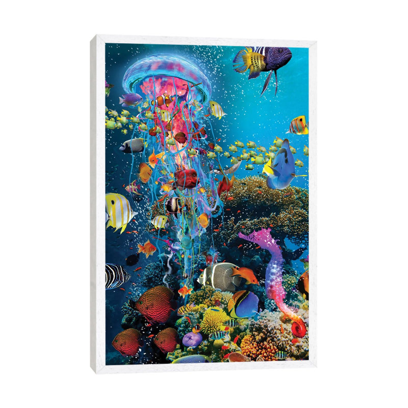 Electric Jellyfish At The Reef by David Loblaw - Print on Canvas, 101.6 cm H x 66.04 cm W, White Framed