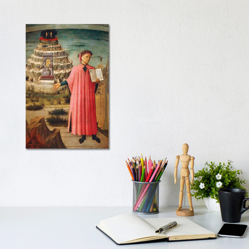 Dante Alighieri With Divine Comedy In His Hand And Mountains Of Purgatory In Background,1465 by Domenico Di Michelino - Wrapped Canvas Print