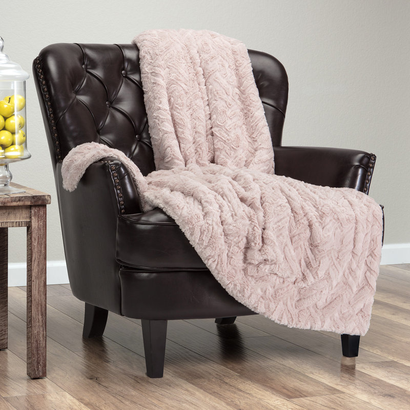 Classy Pink Reversible Faux Fur and Sherpa Throw Blanket