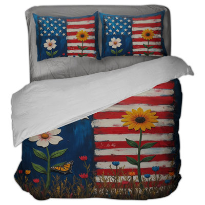 US Flag With Flowers Comforter Set