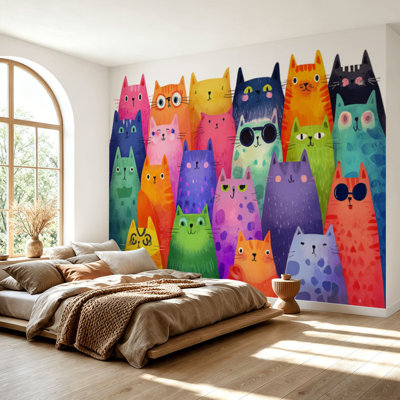 Wall Mural Peel and Stick Wallpaper Colorful Cat Group Cute Cartoon Kittens Playful Patterns Bright Colors Self-Adhesive Removable Contact Paper Wall Decor for Living Room Bedroom 69"H x 96"W