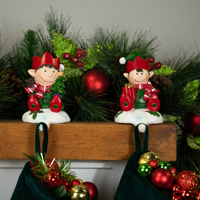 Festive Elves Resin Christmas Stocking Holders Set of 2