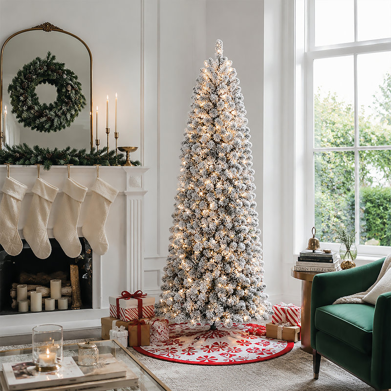 Pre-Lit Slim Artificial Christmas Tree- Warm White LEDs, Full Branch Tips, 9 Light Modes, Snow-Flocked PVC Branches, Metal Stand, Space-Saving Pencil Tree, Christmas Decorations