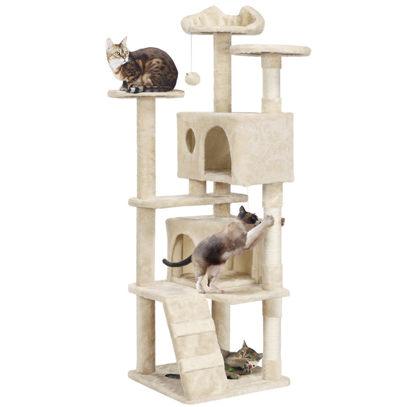 Multi-Level Cat Climbing Frame with Condos and Scratching Posts for Kittens and Small Cats, 158cm H x 49cm W x 49cm D, Beige