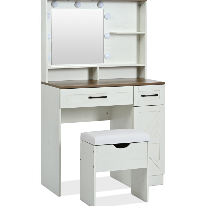 Coiffeuse style avec miroir et lumières, 3 réglages, 2 tiroirs, tablette réglable, armoire latérale pour la chambre à coucher, lumières et miroir de chambre à coucher blancs, modes, tablettes, armoire, bureau de maquillage