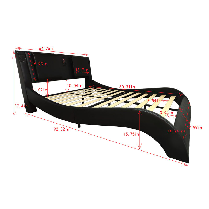 Faux Leather Upholstered Platform Bed Frame With Led Lighting, Bluetooth Connection To Play Music Control, Backrest Vibration Massage, Curve Design, Wood Slat Support, Exhibited Speakers,Queen
