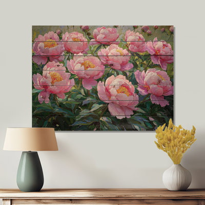 Pivoines le long des rangées de légumes - Décoration murale en bois de pivoines - sur bois de pin naturel