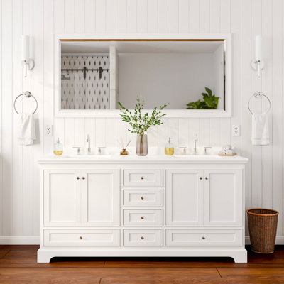 Deborah 72 Inch Double Bathroom Vanity in White, White Cultured Marble Countertop, Undermount Square Sinks (3-Hole), Polished Chrome Trim, 70 Inch Mirror