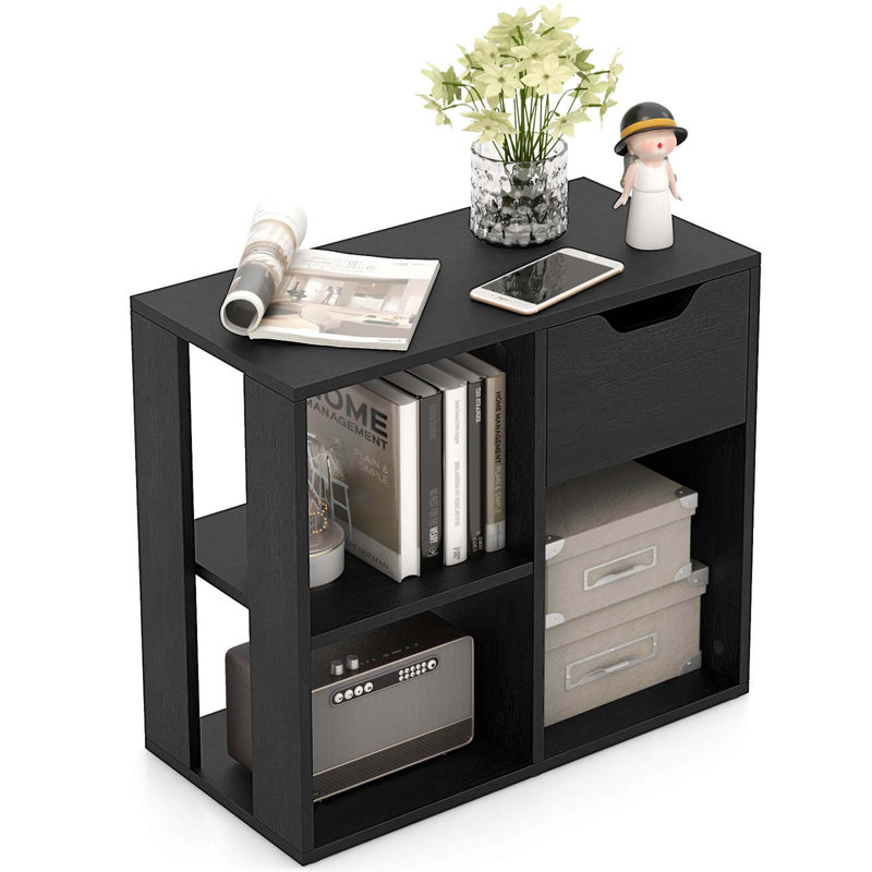 1 Pcs 3-cube Bookcase Organizer With 2-tier Wooden Storage Shelf & Pull-out Drawer