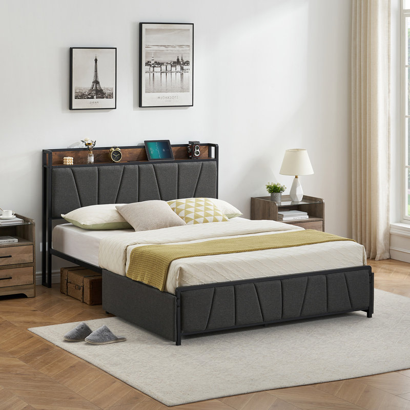 Bed Frame with 2 Storage Drawers & Charging Station – Upholstered Platform Bed with Storage Headboard, Queen
