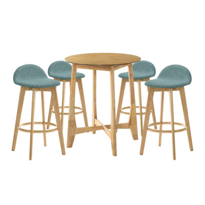 Ensemble de bar en bois 5 pièces Whyte au fini naturel et sièges bleu sarcelle