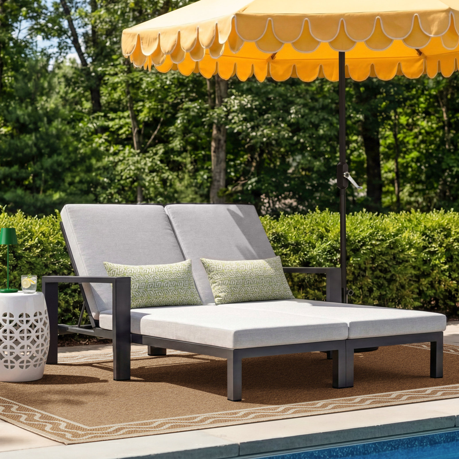 Hoyt Outdoor Metal Double Chaise Lounge, Slate Black , Light Gray