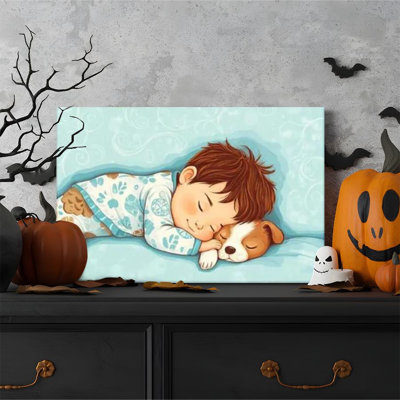 1pc Framed Broxton Painting Little boy and puppy, warm sleeping scene, watercolor illustration style Decor Print Vintage Wall Poster Home Decor Perfect Gift for Modern Artwork For Bedroom Living Room
