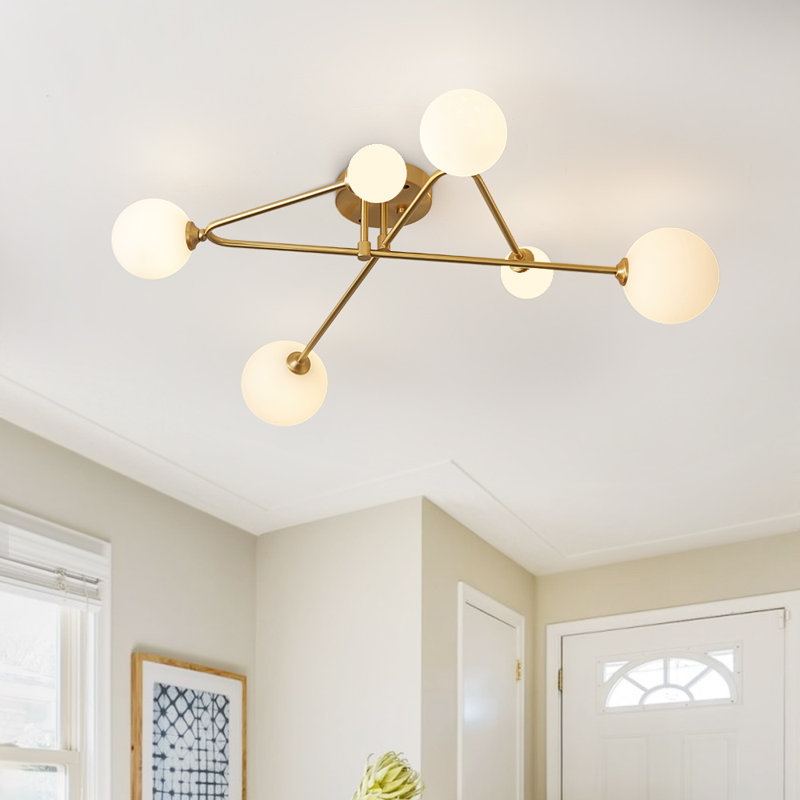 Antinique 6-Light 86cm Modern Glass Globe Sputnik Semi Flush Mount, Milk White, Gold