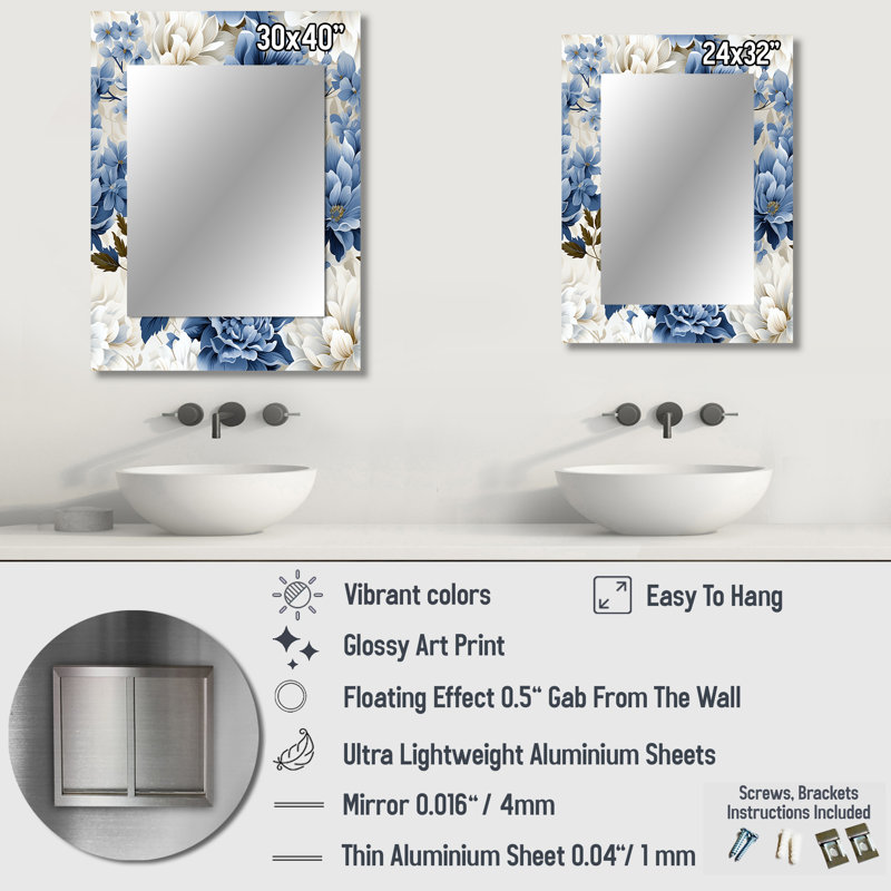 Antoanela Floral Blue And White Victorian Pattern - Floral Decorative Wall Mirror, Floral Mirror, Printed Metal Art
