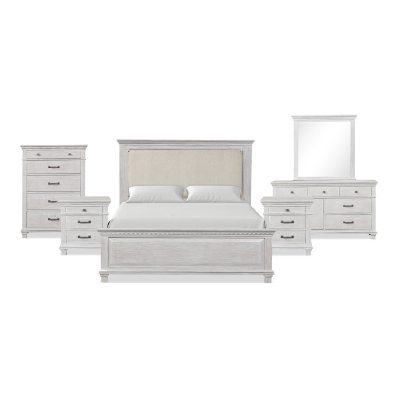 Ensemble de chambre à coucher 6 pièces Avallon, 6 Pcs: Bed, 2 Nightstands, Dresser, Chest, Mirror, Très grand