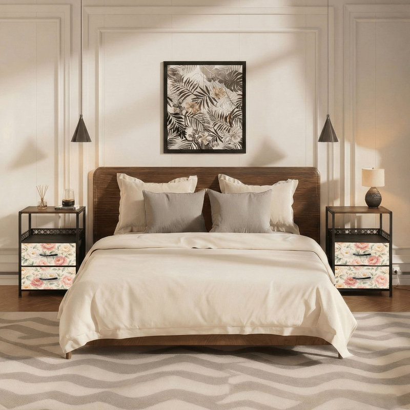 Table de chevet 2 tiroirs en tissu avec station de charge pivoine florale douce rosé crème rétro aquarelle
