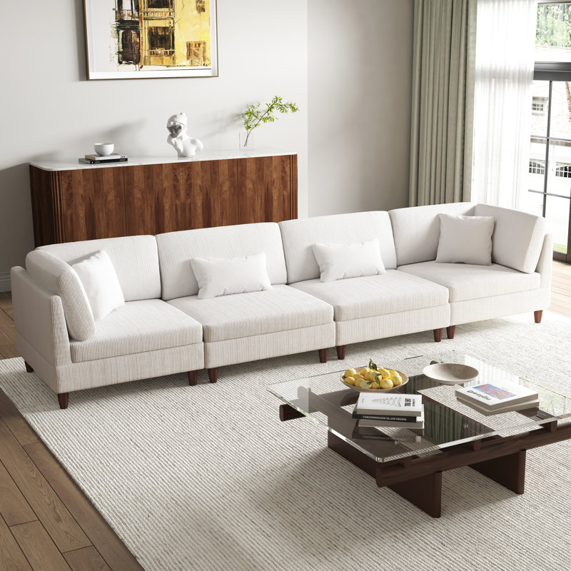 4 - Piece Upholstered Beige Corduroy Modular Sectional with Pillow Back and Solid Wood Legs, Beige Corduroy