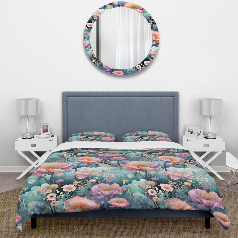Green and Pink Galactic Flowers Gardens - Ensemble de housse de couette floral - Polyester microfibre