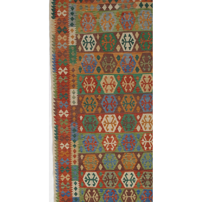 Tapis en coton / laine à motif géométrique fait à la main 9 pi 11 po x 6 pi 6 po brun / bleu clair / vert / rouille