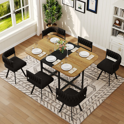 Rectangular Dining Table Set MDF, Velvet 59 x 39 in 7 Piece Set Black Farmhouse Style