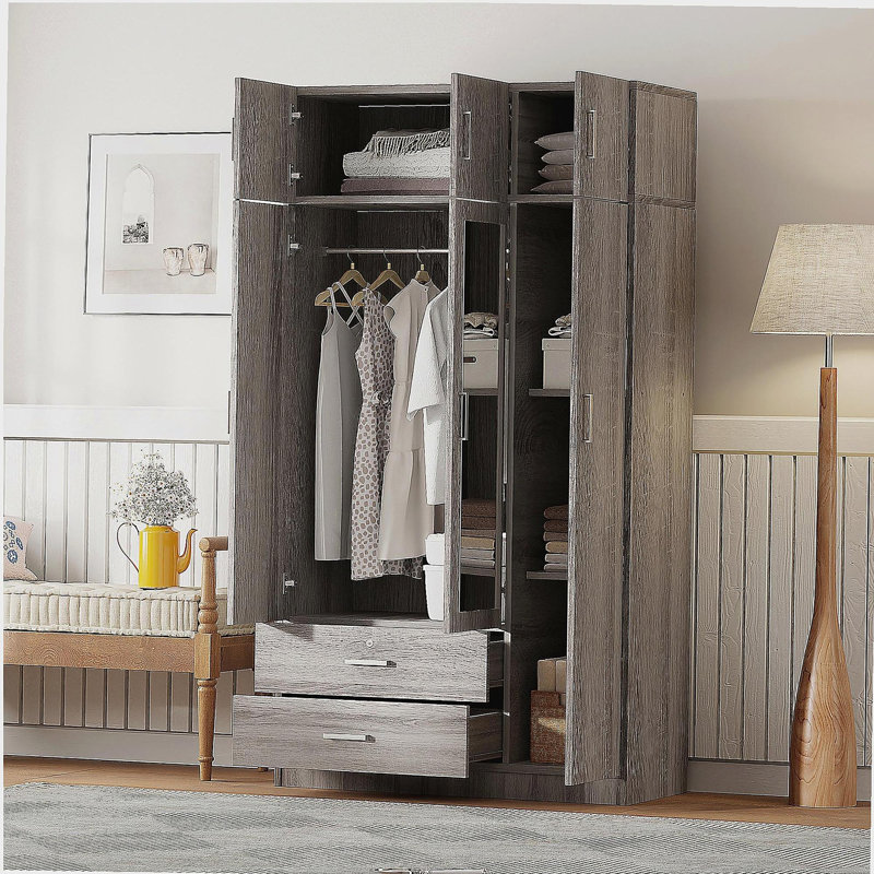 Armoire à miroir 3 portes, avec 2 tiroirs et armoire supérieure, gris