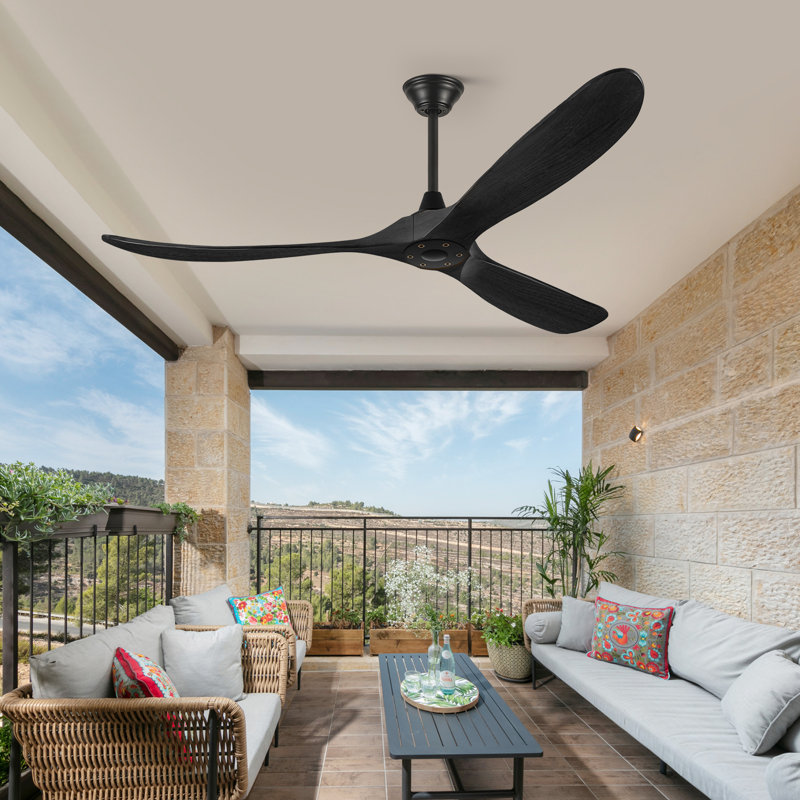 3 Blades Solid Wood Modern Ceiling Fan With Remote Control, Brown Wood, 70"
