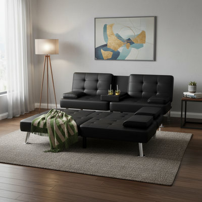 Black Leather Sofa Bed With Removable Armrests, Double Cup Holders, And Adjustable Recliner Style; Suitable For Living Rooms, Apartments, And Offices.