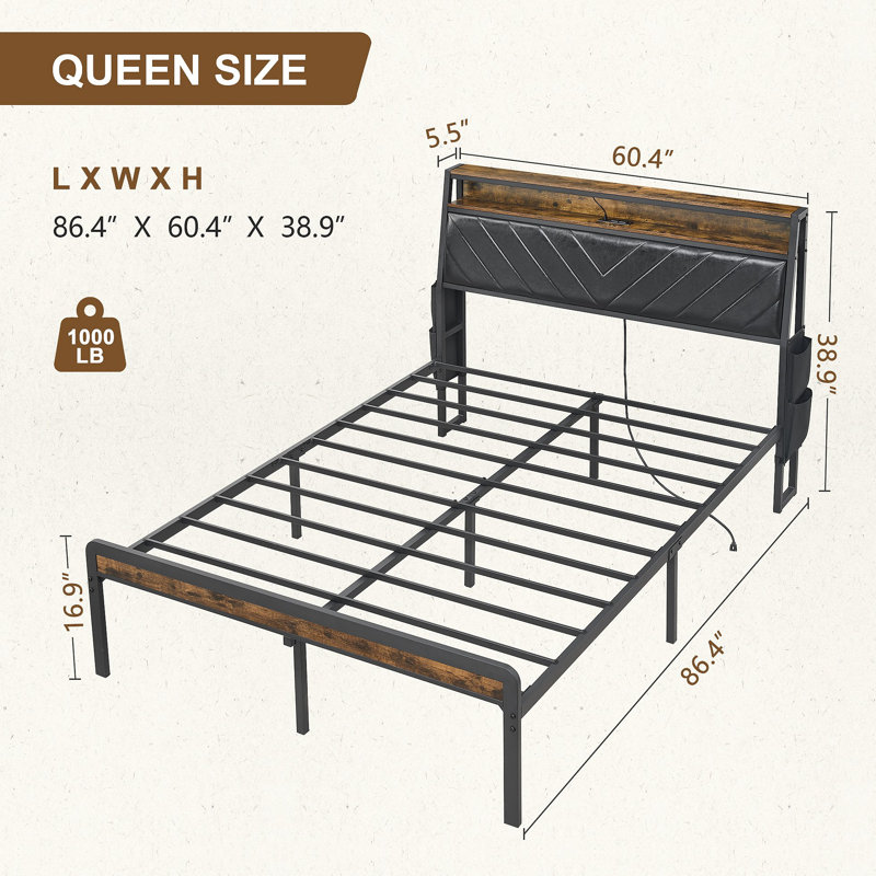 Base de lit plateforme avec lumières DEL à tête de lit tapissier inclinée de 105 degrés, Grand lit