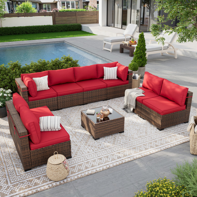Dinyu Wicker 8 - Person Modular Patio Conversation Set with Cushions, Red