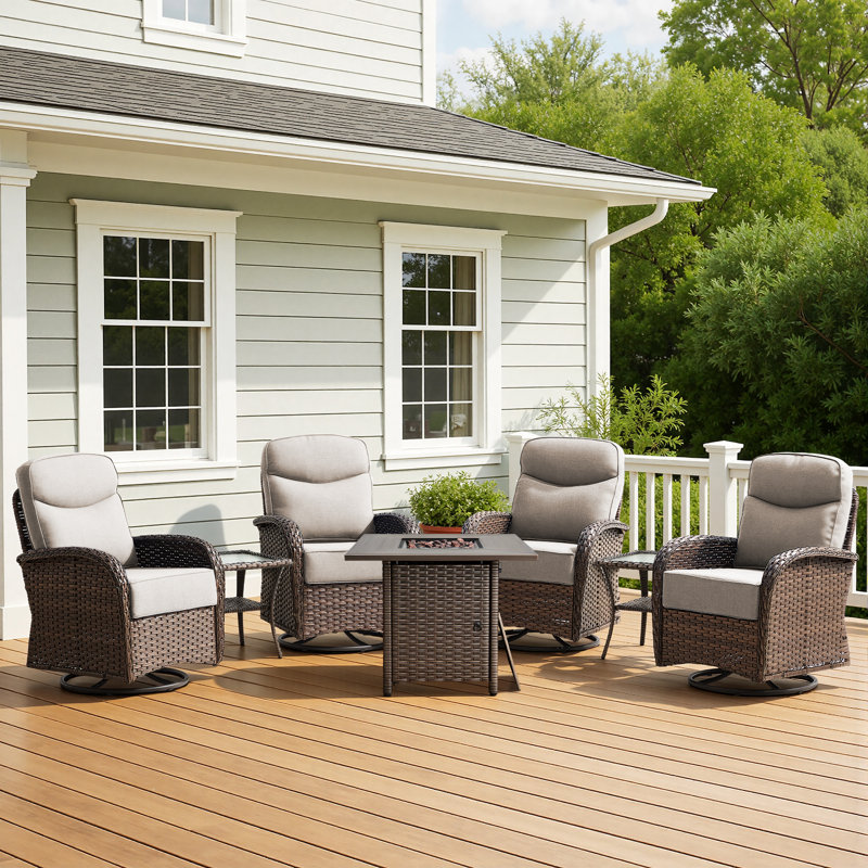 Outdoor Wicker Nighttime Chat Swivel Chair Conversation Set With Side Tables And Fire Pit Table, Beige
