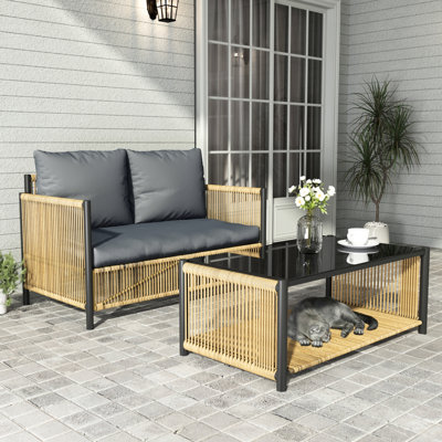 Moderne d'extérieur 2 avec coussins gris et table - Pe, élégant pour patio 2 fonctionnel