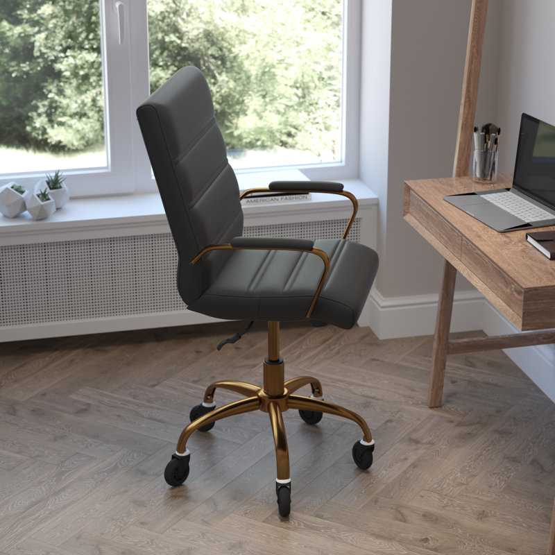Fauteuil de bureau pivotant à dossier moyen avec accoudoirs et roulettes transparentes, Noir, Or