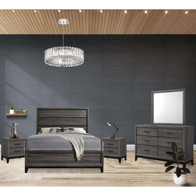 Ensemble de chambre avec grand lit 5 pièces avec lit à panneaux, commode, miroir et 2 tables de chevet au fini gris et noir