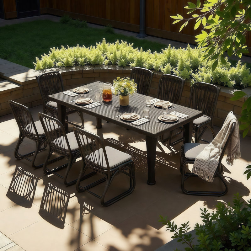 Ensemble repas pour l'extérieur 8 pièces Premium pour 8 personnes | Table et chaises de patio en rotin moderne | Peu d'entretien et confort inclus