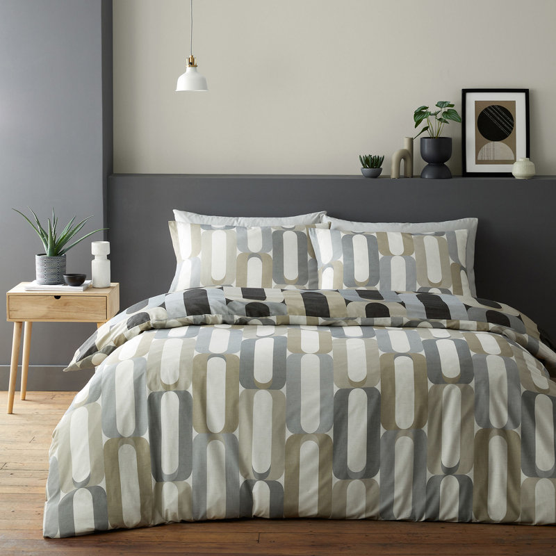 Orea 52% Polyester (Recycled) 48% Cotton Geometric Duvet Cover Set with Pillowcases, Charcoal