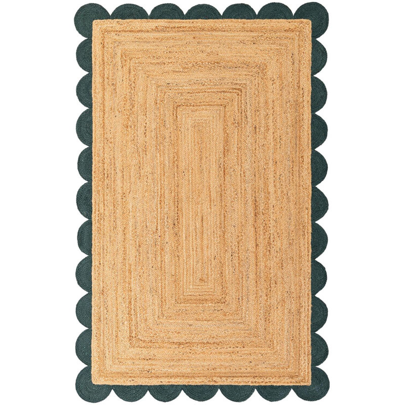 Tapis contemporain de couleur naturelle et verte, Rectangle 5 pi 1 po x 8 pi
