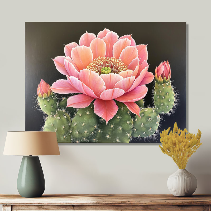Fleur de cactus rose dans le désert de Mojave - décoration murale en métal floral, H 30 po x l 40 po x P 0,84 po